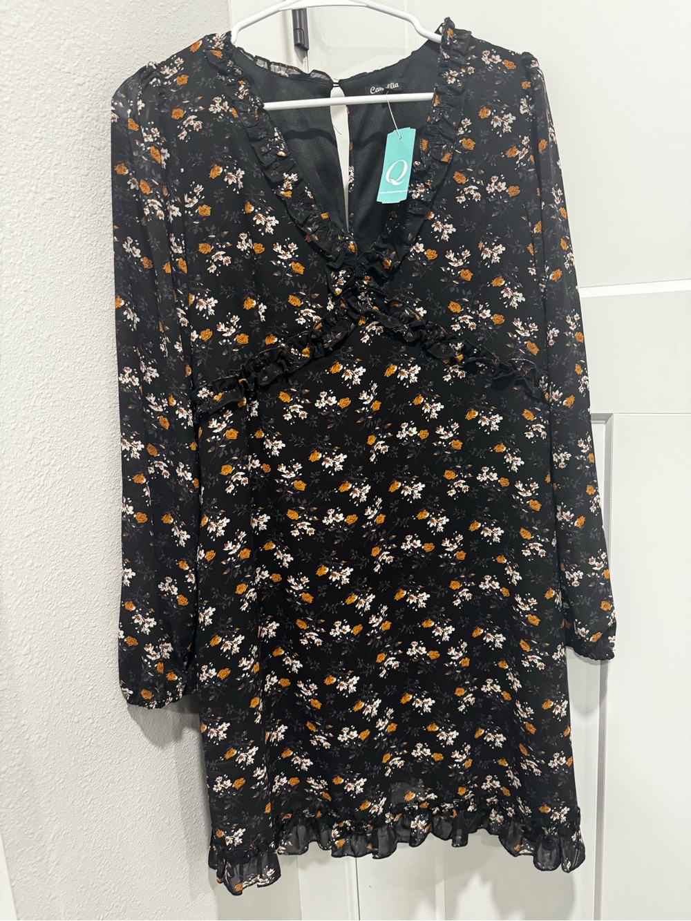 Floral Ruffle V-Neck Black Dress